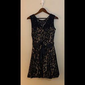 Betsy & Adam Women's Size 6 Navy Lace Cocktail Dress with Nude Underlay